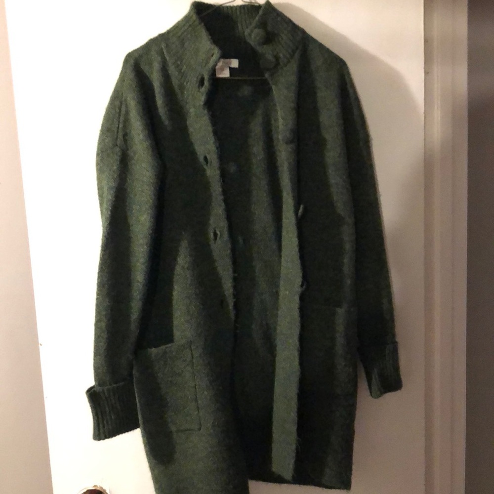 Long dark green wool cardigan -mock neck